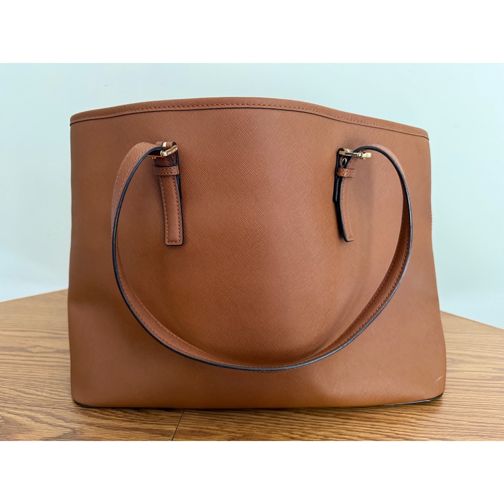 Michael Kors Charlotte Large Saffiano Leather Tote Luggage Brown Gold Hardware - Picture 2 of 13